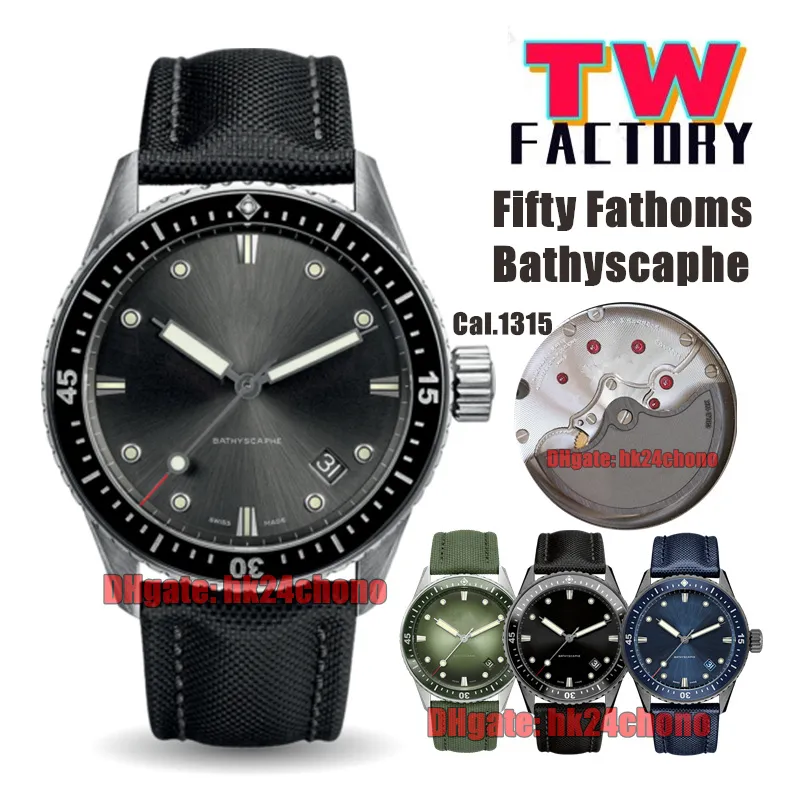 Tw Factory Watches 5000-1110-B52A FIFTY FASOMS BATHYSCAPHE CAL.1315自動メンズウォッチブラック/グレー/グリーンダイヤルキャンバスストラップストラップGents 5000-0240-O52A