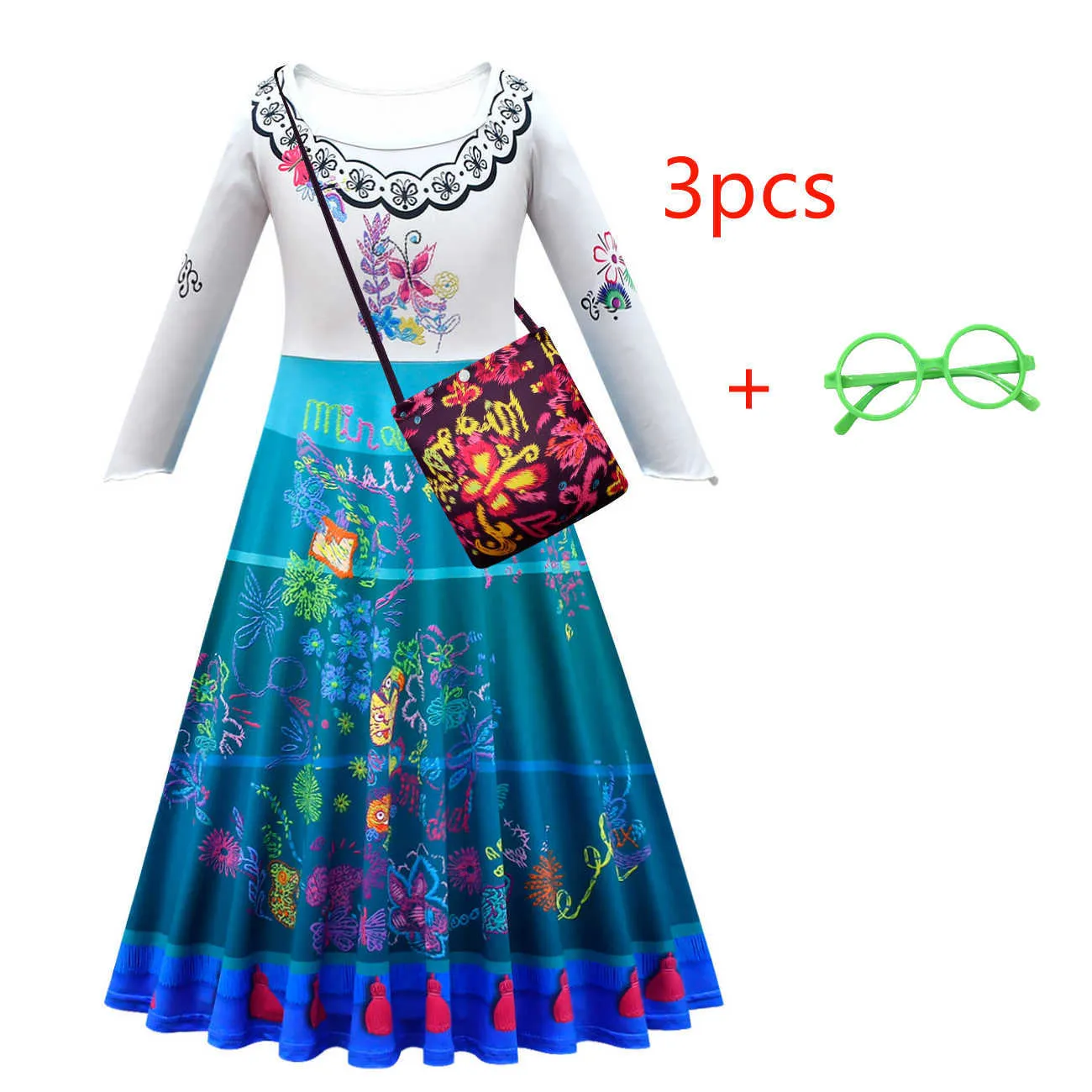 Girl's Dresses Encanto Mirabel Madrigal Cosplay Costume Girl Dress Woman Fancy Dresses for Halloween Princess Dress Earrings glasses