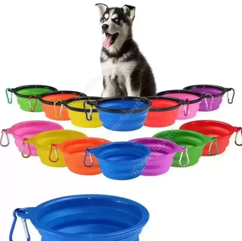 Pet Dog Bowls Folding Portable Dog Food Container Silikon Pet Bowl Puppy Collapsible Bowls Pet Feed Bowls med klättringspänne 500st i0329