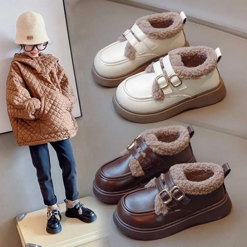 Athletic Outdoor Girls Small Leather Shoes Winter New Boys Waterproof British Style Girls Bean Shoes Warm Cotton Shoes Chaussure Enfant Fille W0329