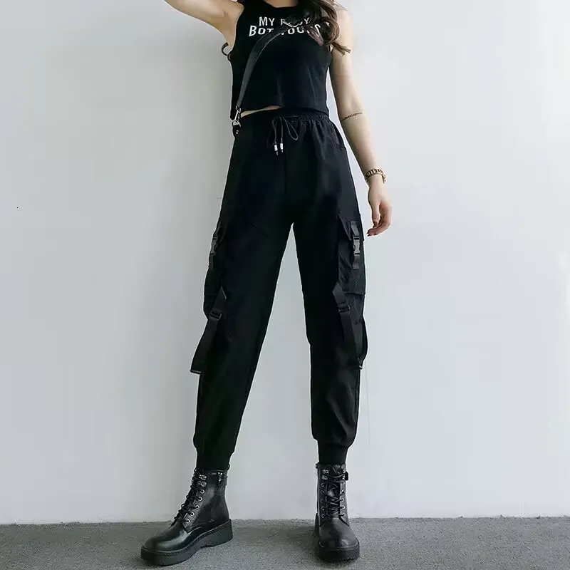 Frauen Hosen Cargo Schwarz Harem Mode Punk Taschen Jogger Hosen Weibliche Harajuku Gummi Hohe Taille Streetwear 230329