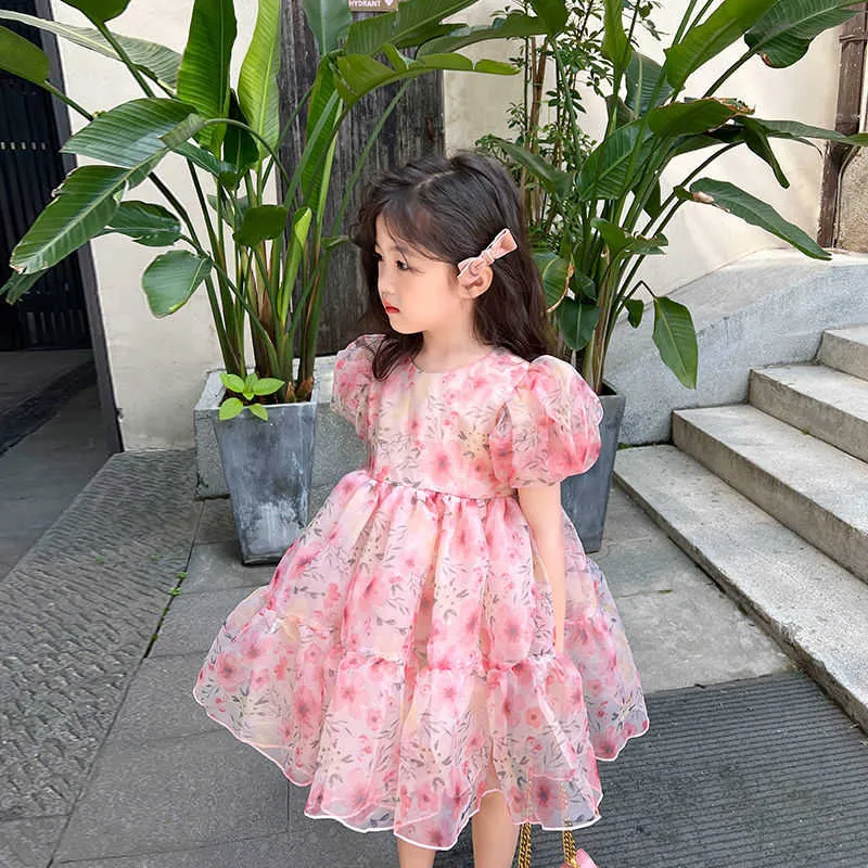 Flickans klänningar Rinilucia Summer Girls 'Dress Ball Gown Puff Sleeve Sweet Princess Dress Floral Barn Baby Kids Clothing for Girls