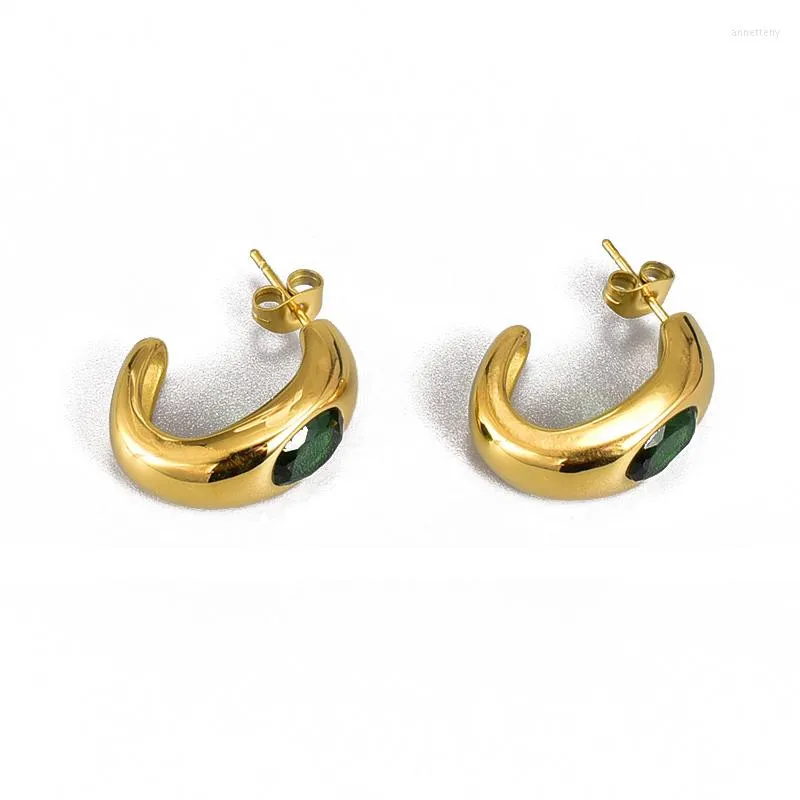 Orecchini ad arco per le donne Zircone verde a forma di C Colore oro vintage Acciaio al titanio 316L Charms Gioielli alla moda Regalo all'ingrosso (GE525)