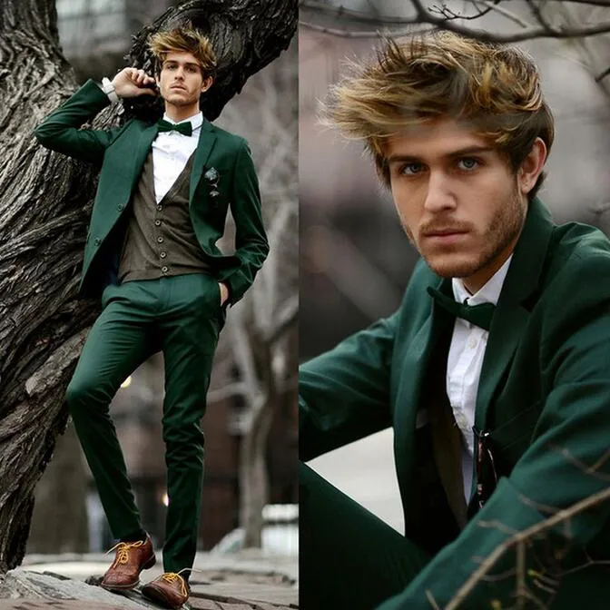 Dark Green Men's Suits for Prom 2 Piece Black Satin Lapel Wedding Tuxedo