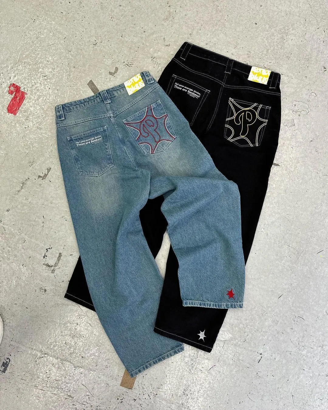 Street Retro Hip Hop Selvedge Jeans With Black Print Street Retro Hip Hop Selvedge Jeans With Black Print