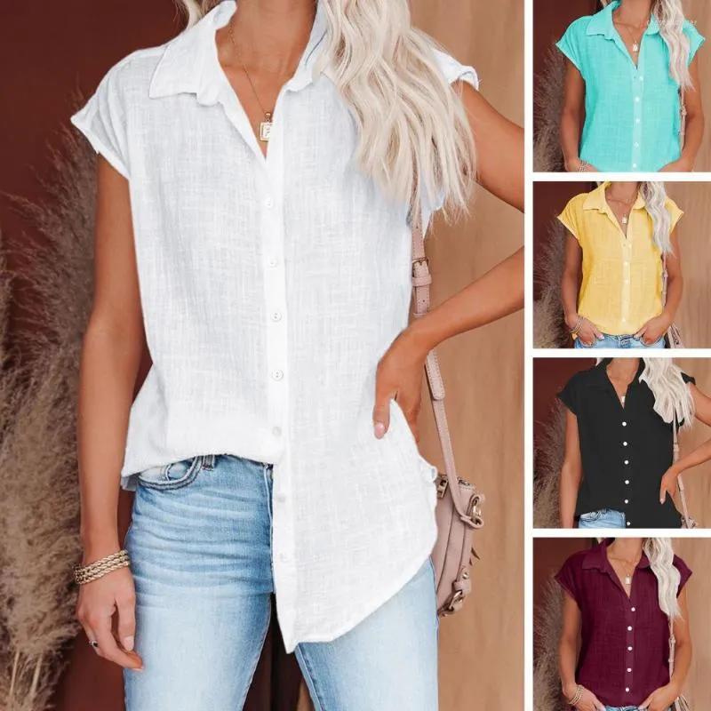 Dames blouses dames shirt turn down kraag met een met één rijde korte mouwen verkleed katoenen vlas zomer revers topkleding voor voor