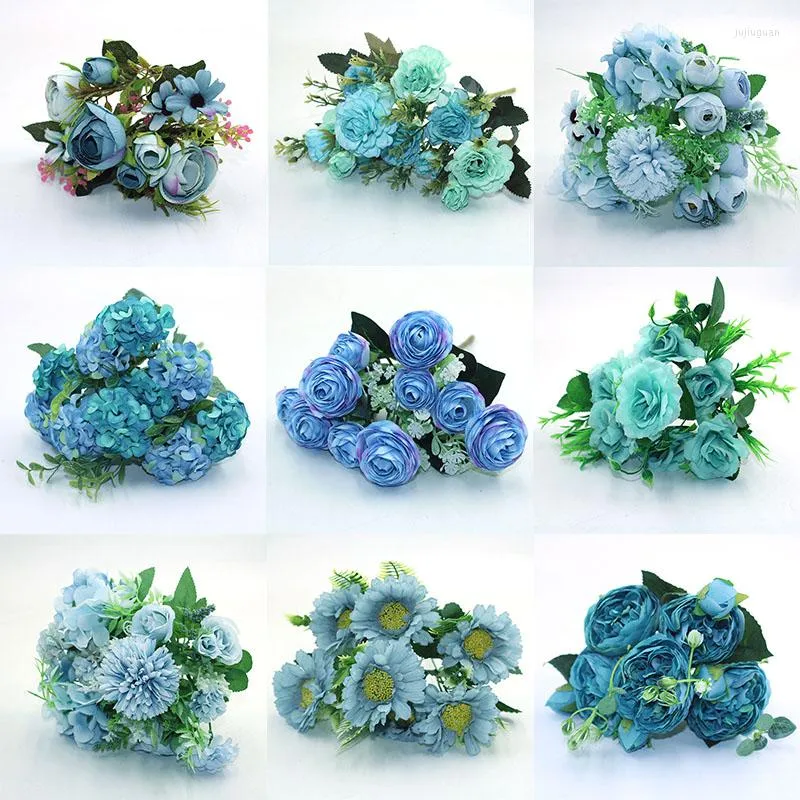 Fleurs décoratives bleu 1 bouquet de roses en soie artificielle pivoines hortensias chrysanthèmes diverses décorations de fête de mariage de ménage