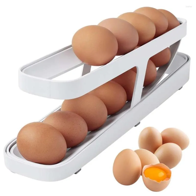 Storage Bottles Rolldown Refrigerator Egg Dispenser Automatic Scrolling Rack Kitchen Box Plastic Eggs Holder Container Organizer