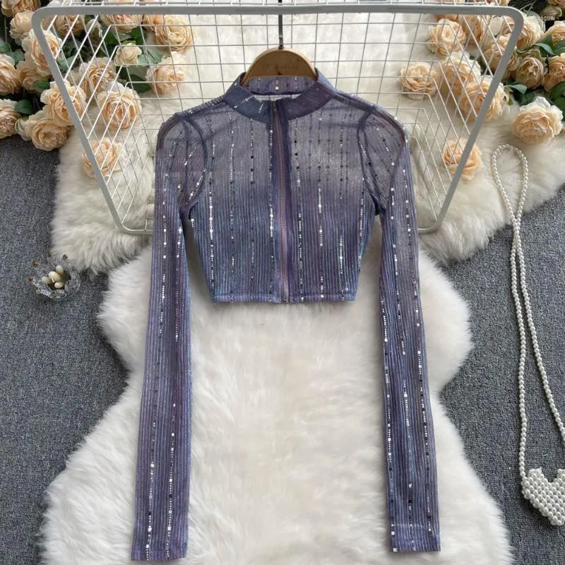 Women's Blouses Haut Pour Femmes Tunique Femme Ete 2023 Transparent Top Sequined Short Blouse Women Korea Fashion Spring Women's Clothes