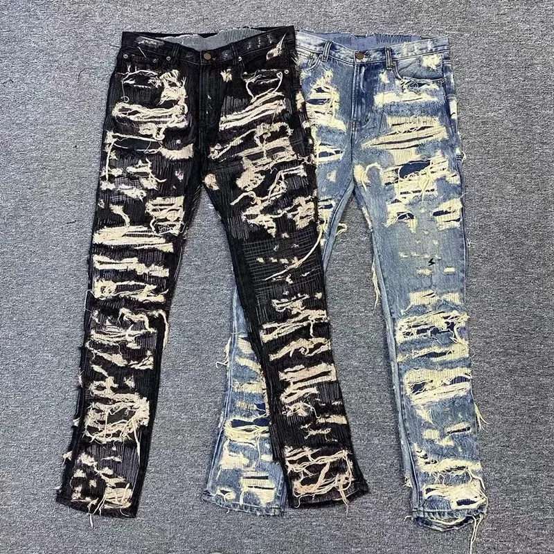 Jeans masculinos Fashion Street Fried Street Exageradamente gravado calças retas e lisadas Bordadas High Work Work Casual Man 230329