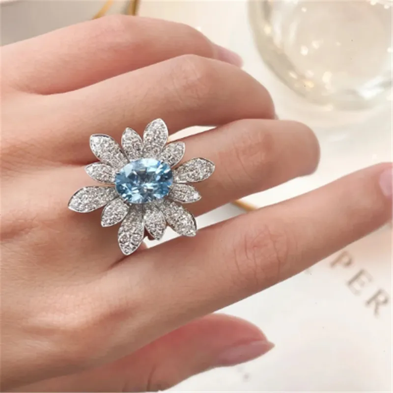 Charm Flower Finger Ring Zircon 925 Sterling Silver Engagement Wedding Band Rings for Women Bridal Birthday Party Jewelry