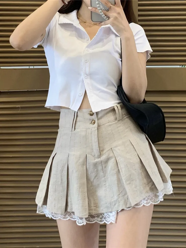 【韓国 as if calie】SHIRRING LACE MINI SKIRT KHAKI SHIRRING LACE MINI SKIRT KHAKI - 에즈이프캘리(asifCALIE)