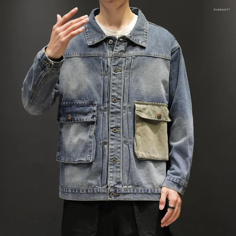 Men's Jackets Mens Vintage Cargo Jeans Jacket With Big Pockets Fashion Retro Denim Coat Outerwear For Male Washed Blue