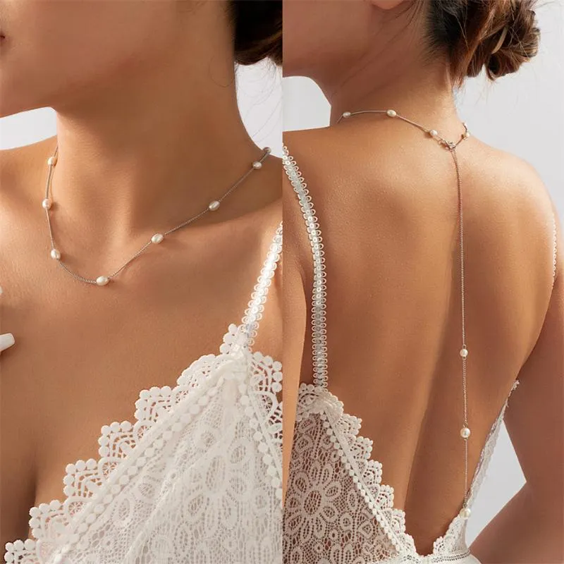 Kettingen Efily Pearl Back Drop Necklace Bridal Silver Color Wedding achtergrond Vrouwen Lichaamsketens sieraden voor rugloze kledingchains