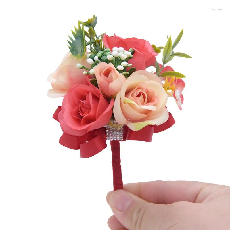 Fleurs décoratives 5 pc mariage broche en soie pour demoiselle d'honneur garçons d'honneur Unique parure personnelle diamant artificiel Rose Corsage