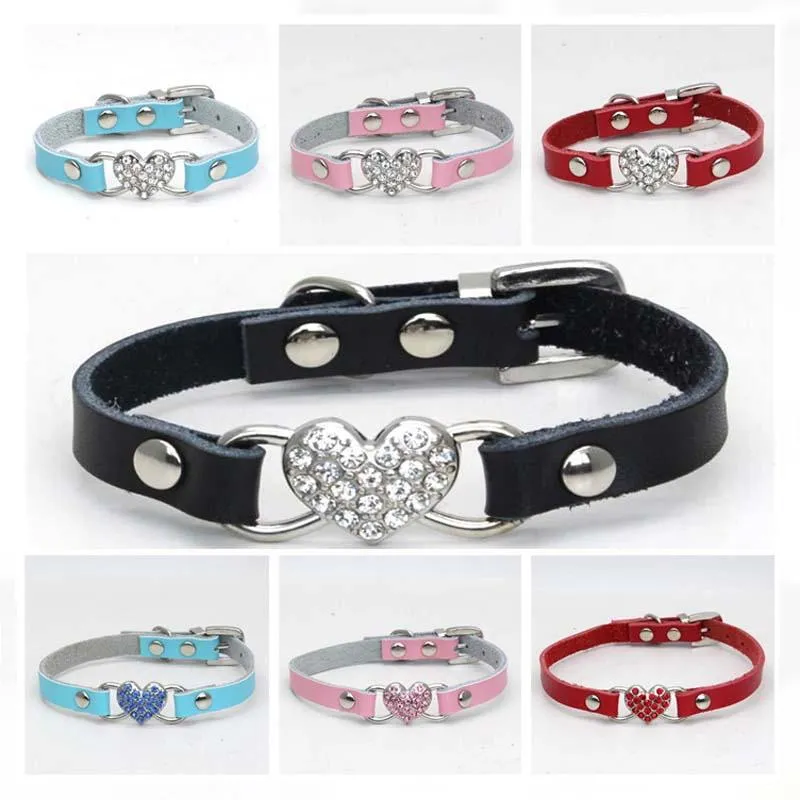 Colliers pour chiens Laisses Collier pour animaux de compagnie de qualité de luxe Cristal étincelant Diamant Coeur de pêche Chat Cuir réglable pour petits chiens moyens Chats