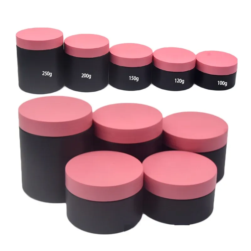 Frost Matte Frost preto garrafa plástica Jarros cosméticos de tampa rosa Recurso reciclável recipiente portátil Pots de creme para os olhos de pele vazia 100ml 120ml 150ml 200ml 250ml