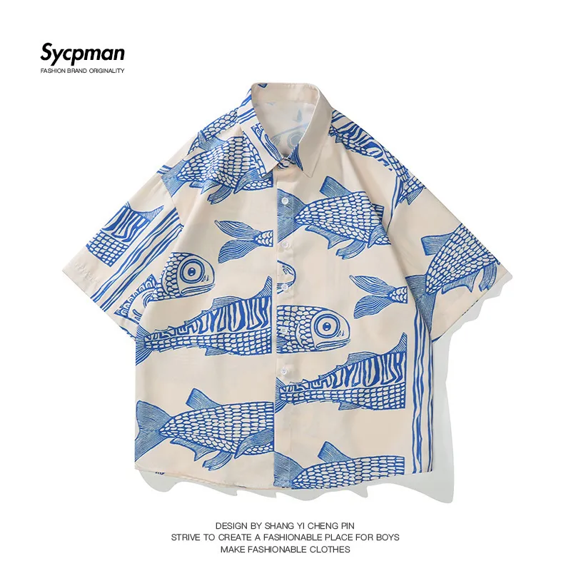 Men's Casual Shirts Oversized American Style Summer Fried Street Fashion Small Fish Print Personalized Mens Casual Shirts 230329