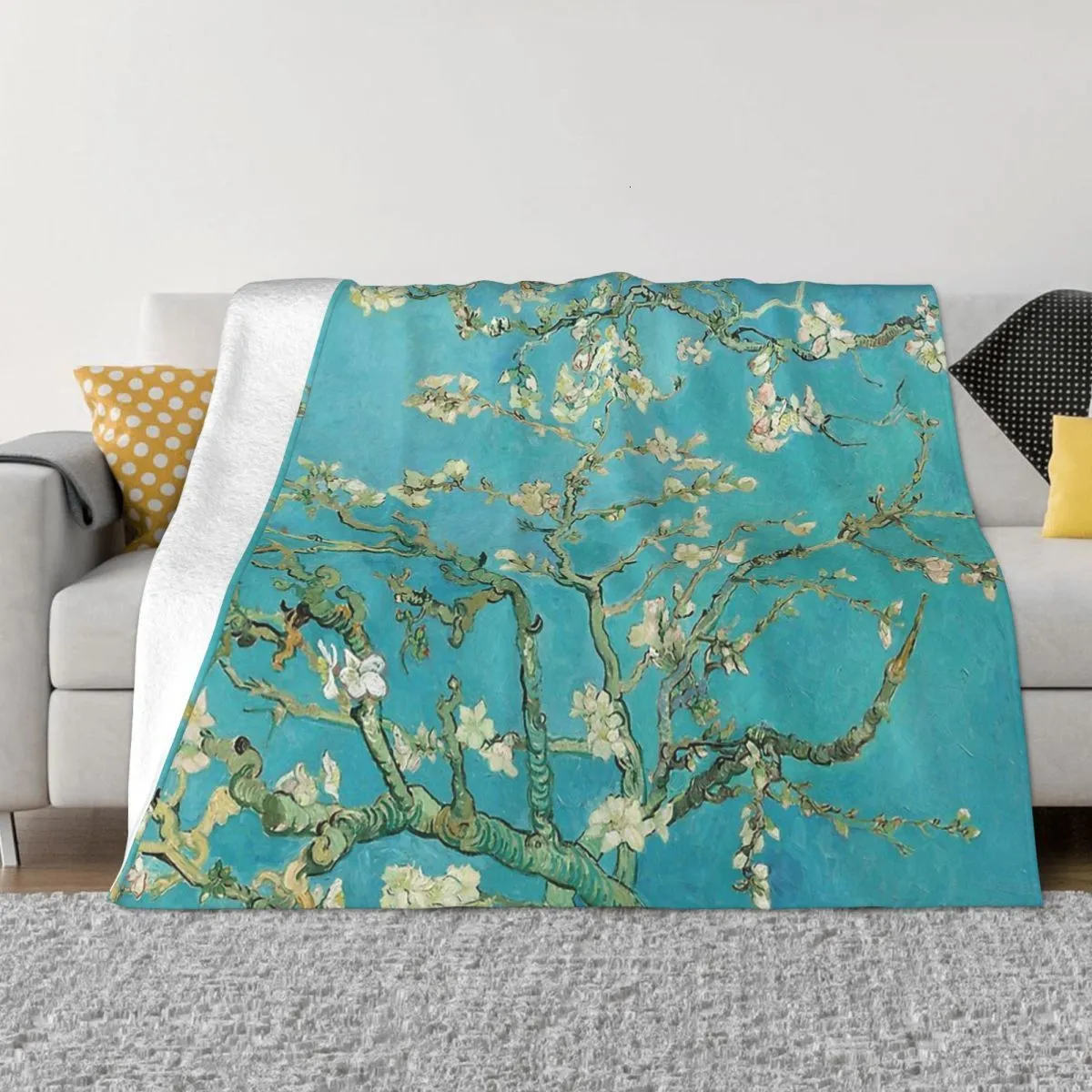 Dekens van Gogh Oil Painting Art Deken Deken Flanel Decoratie Almondbloesems Vincent Portable Home Bed -Spread 230329