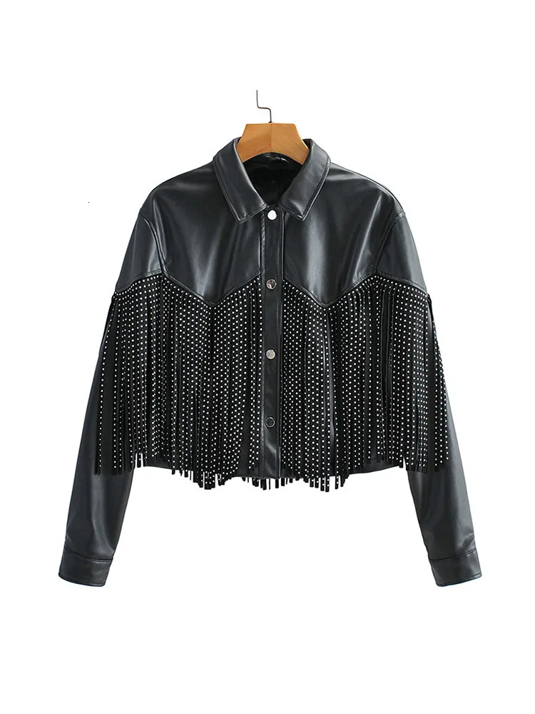 Damesleer Faux Leather Ftlzz Autumn Tassel Rivet Artificial Leather Short Jacket Women's Loose Motorcycle Soft PU Lederen jas enkele borst 230329