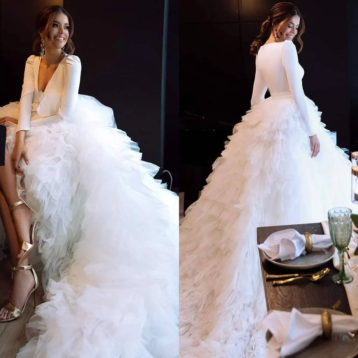 Robe De Bal Magnifique Robes De Mariée Col En V Profond Couches Dos Nu Tulle Fermeture Éclair Robe De Chapelle Plis Sur Mesure Robe De Mariée Plus La Taille Vestidos De Novia