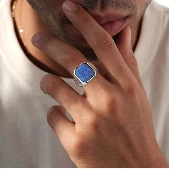 Eleganti anelli quadrati con sigillo in pietra naturale per uomo, gioielli da regalo per feste con anello in metallo in acciaio inossidabile