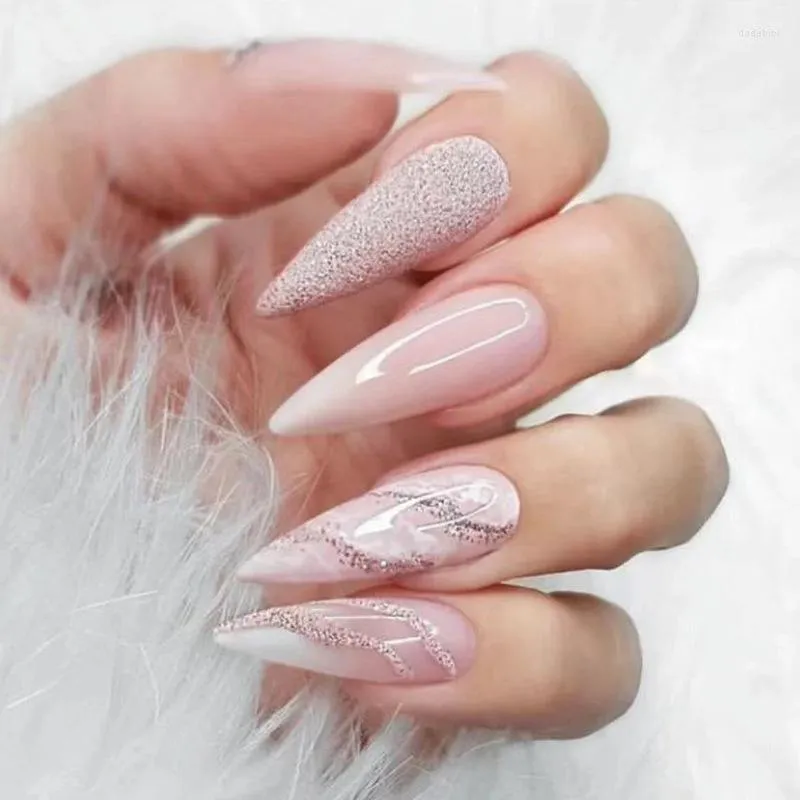 Ложные ноглы Профессиональные поставки ногтей 24 %/Set European и American Style Pink Glitter Съемная липкая подделка с розовым блеском.