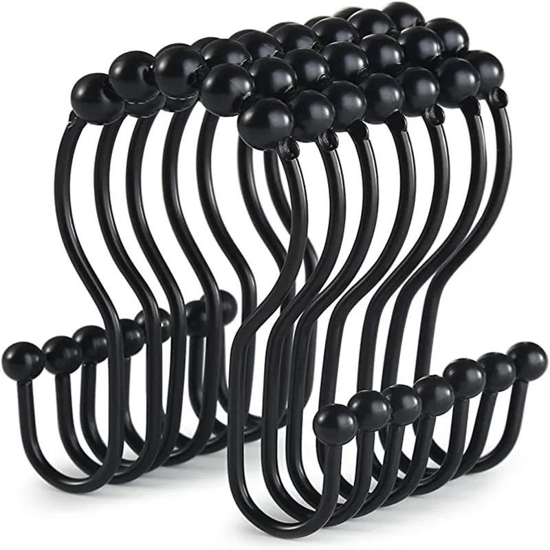 ブラックシャワーカーテンリング：12ピースステンレススチールダブル