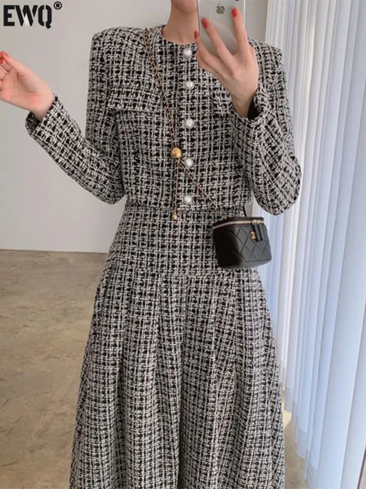 Vestido de dos piezas EWQ Temperamento casual Tweed Plaid O-cuello Mujer Traje corto Falda plisada de cintura alta Conjunto de dos piezas Primavera 16Y2602 230329