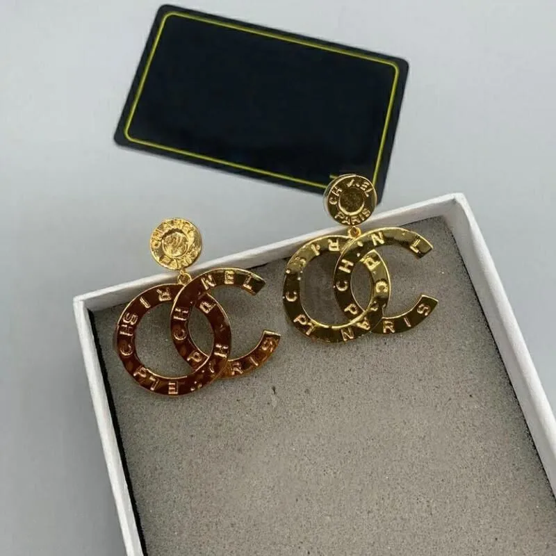 2023 luxury designer large C drop dangle stud 316L Stainless Steel 18k Gold women letter logo engrave earrings girls wedding jewelry