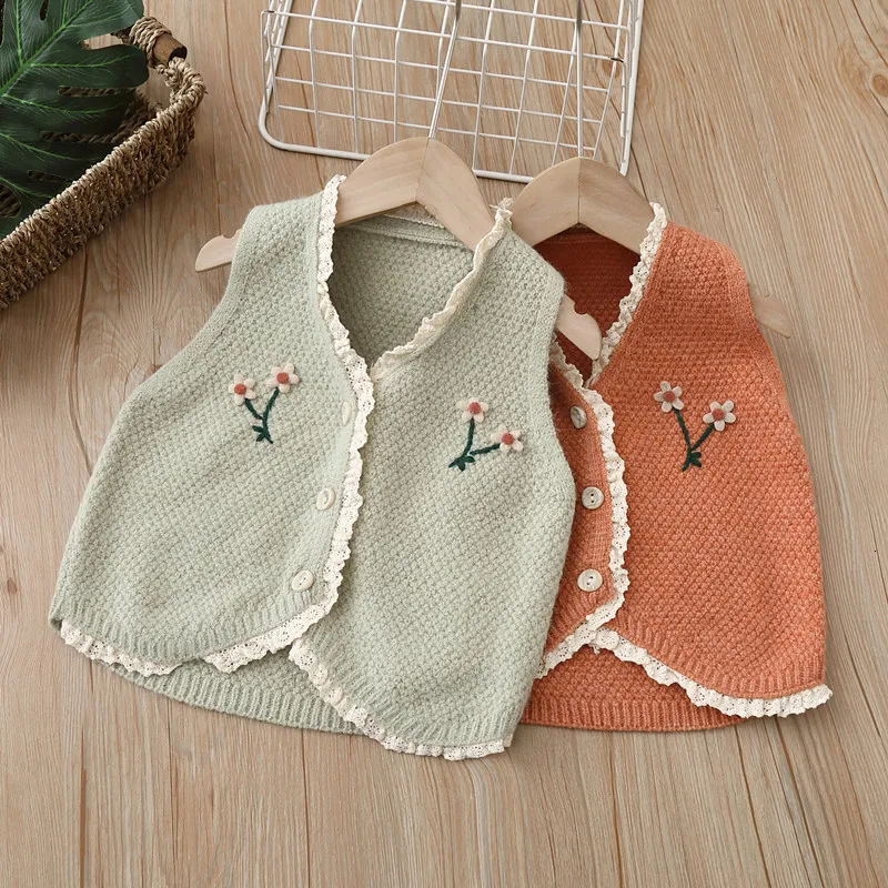 Waistcoat Girls 'Sweater Vest Children's Sticked Vest Autumn and Winter Clothing Handgjorda Small Flower Baby Girl Waistcoat 230329