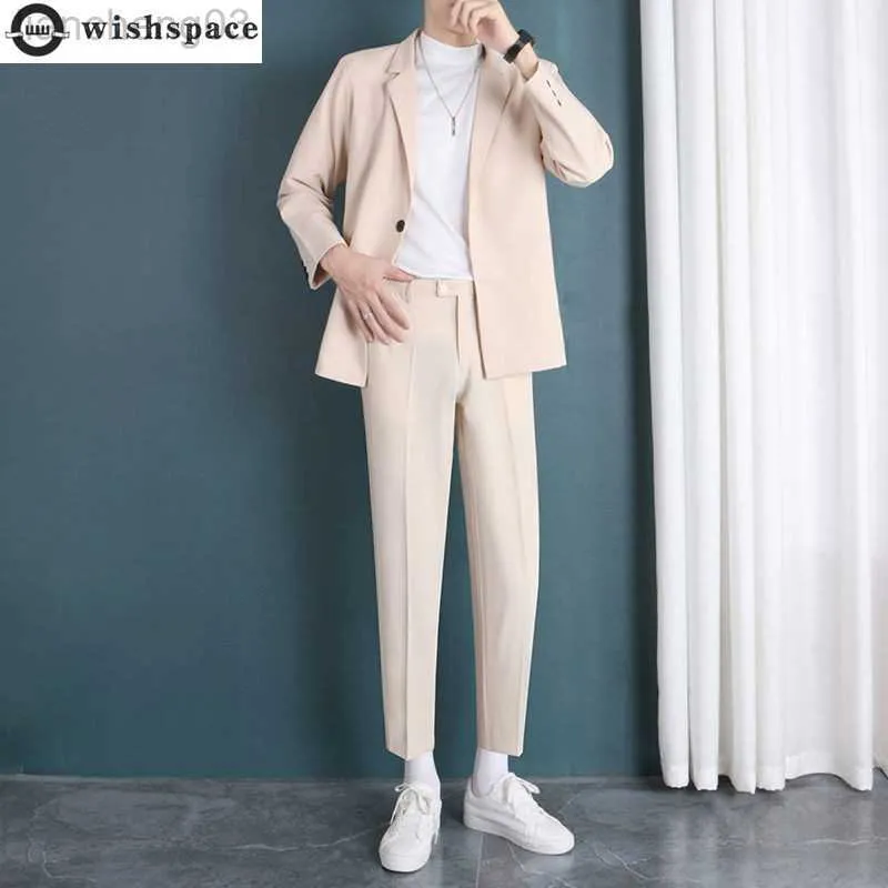 Męskie dresy 2022 Summer Casual Męski garnitur prosta kurtka T-shirt Tree Set Set Office Blazer Elegancka Suits Męskie garnitury W0329