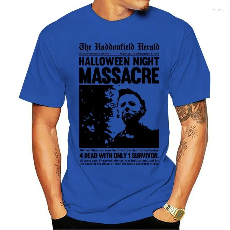 Herr t-skjortor skjorta 2023 halloween haddonfield herald rubrik t-shirt massakre skräckfilm michae klassiska toppar tee