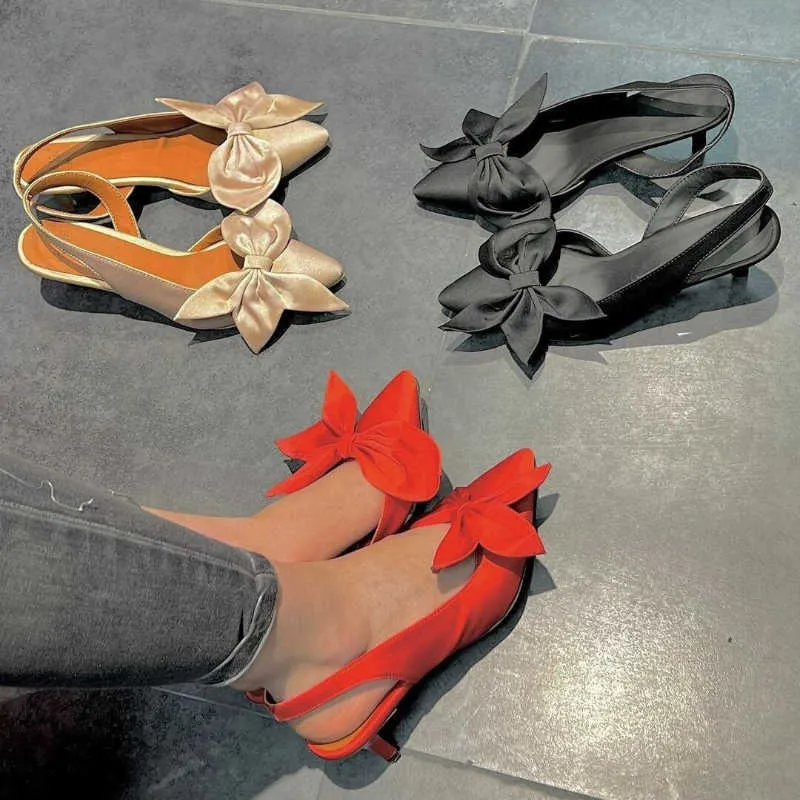 NXY Sandals Summer New Baotou Bow Sandals Colid Kolor Spiczasty obcasy buty damskie Eleganckie sztyletowe pompki imprezowe Sandalias de Mujer 230322
