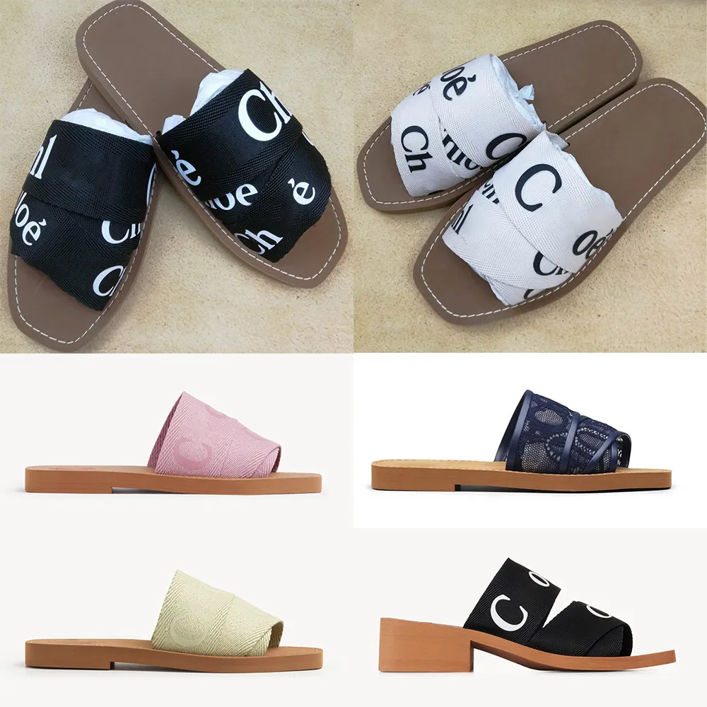 Tasarımcı Kadınlar İçin Woody Sandaletler Flat Slaytlar Moda Ch-Oe Pembe Beyaz Siyah Kahverengi Lüks Dantelli Yazı Kumaş Canvas Clippers Kadınları Yaz Açık Ayakkabıları