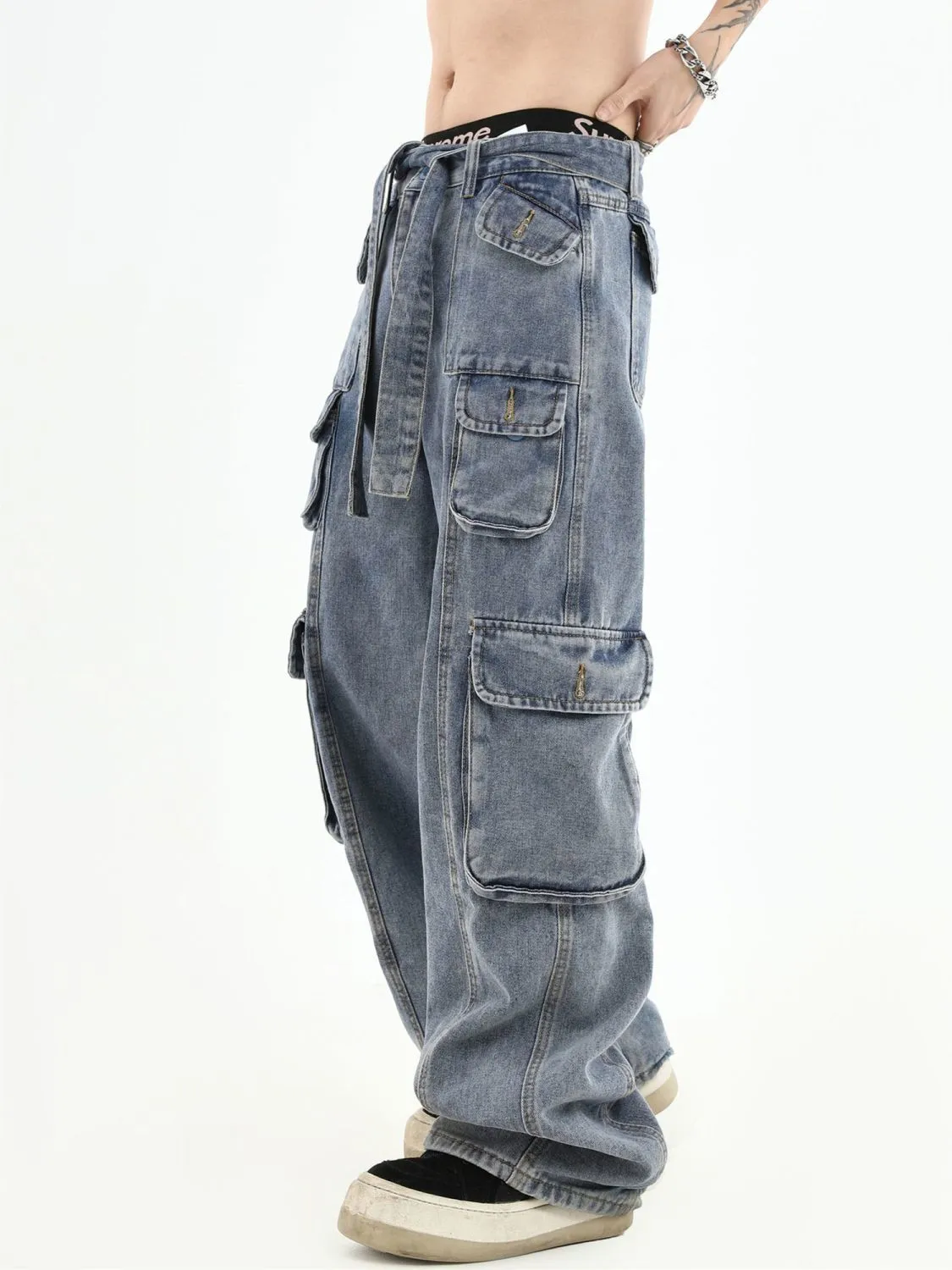 American Retro Mens High Waisted Oversized Jeans Men With Multi Pockets ...