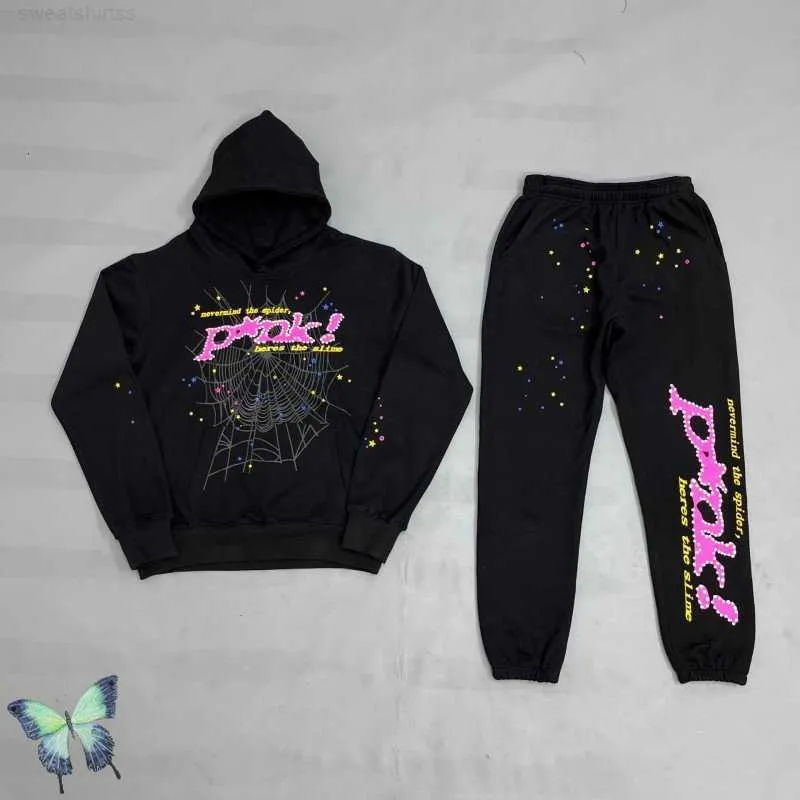 Men's Hoodies Sweatshirts Black Sp5der Tracksuit 555555 Foam Print Pink Hot Drill Diamonds Spider Hoodie Sweatshirt Set Men Women Sp5der Sweatpants