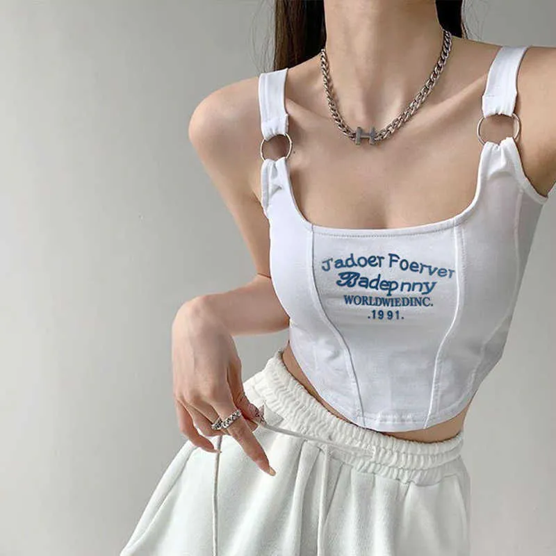 Women's Tanks Camis Y2k Tops Women Letter Print Short Tank Tops Women's Irregular Crop Top Buckle Vest Boob Tube Top Embroidery Suspenders With Bra P230328