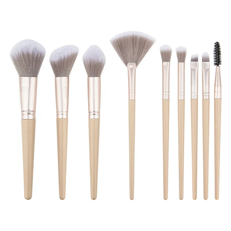 Ensemble de pinceaux de maquillage de mode 9 pièces couleur crème et café porte-résine en fibres souples pinceaux ombre à paupières brosse à cils