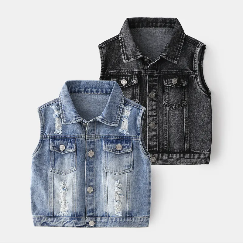 Waistcoat Koreaanse Kinderkleding Baby jongens jas mode denim vest lente kinderen pure kleur katoenen mouwloze jas met knop 230329