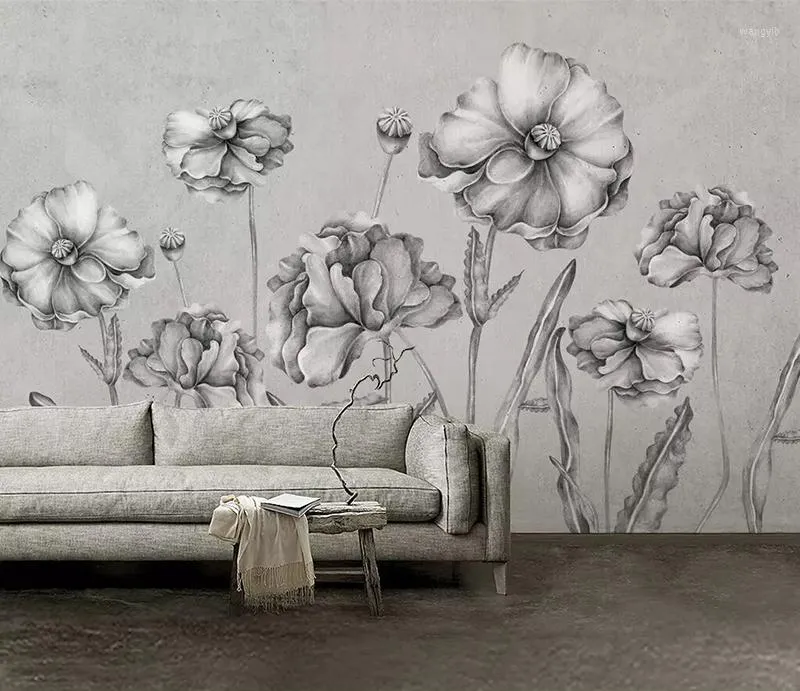 Wallpapers 8d Abstract Hand-painted Wall Paper Mural 3D Black And White Flowers Wallpaper Sticker For Living Room Murals Decor
