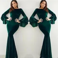 Popular Velvet Dark Green Evening Dresses Flare Long Sleeves Mermaid Arabic Celebrity Gowns Prom Dresses Plus Size232A