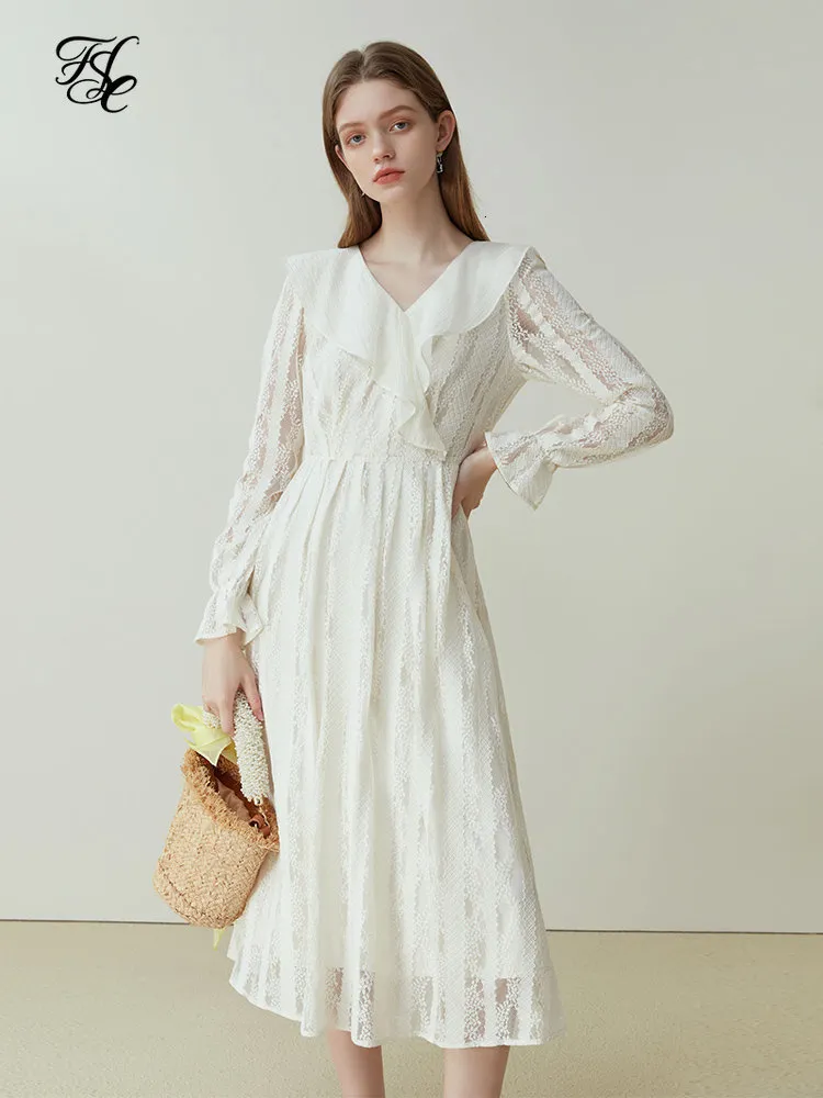 Casual Dresses Fsle Lace Lapel Design Spring Dress Women Gentle Style Lace Patchwork A-Line kjolar Beige Full Längd Hög midjeklänning 230329