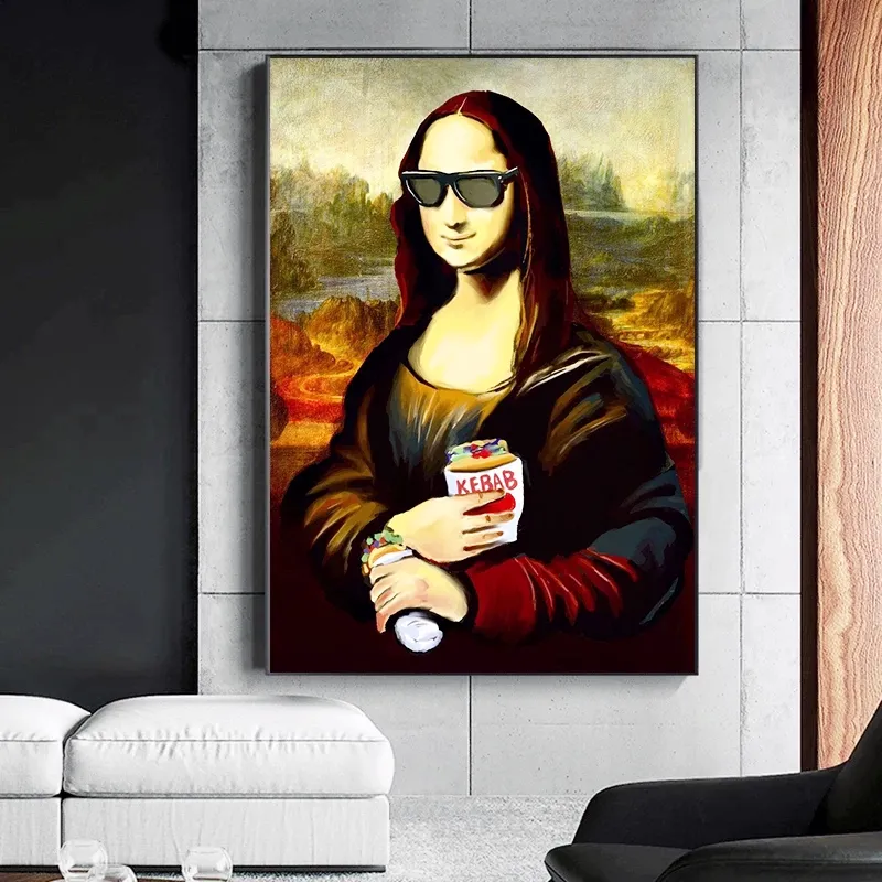 Mona Lisa Wears Sunglasses Eat Kebab Food Canvas Paintings Posters