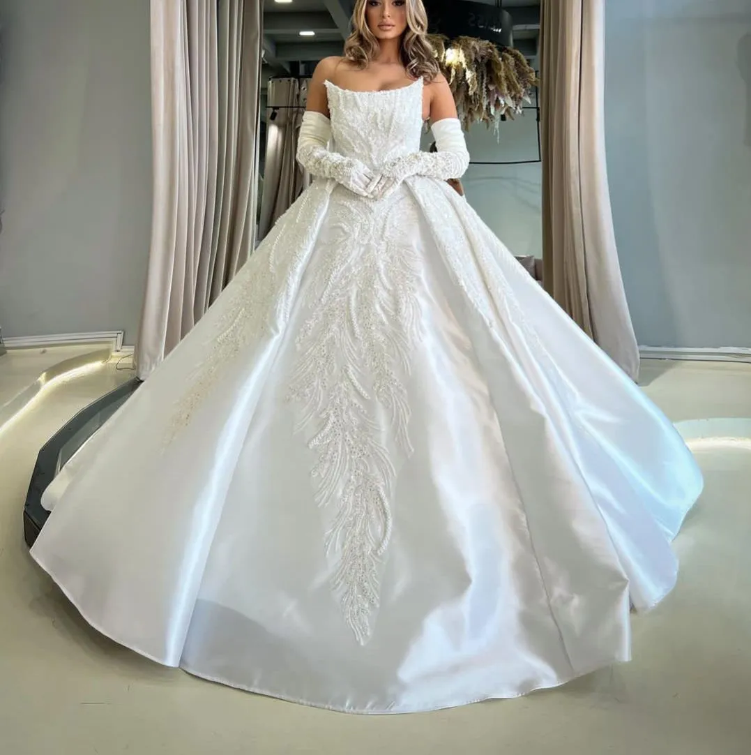 Robe de mariée de luxe, manches longues, bateau, paillettes, appliques, volants, perles, robes de mariée, diamants, robe formelle, grande taille, sur mesure