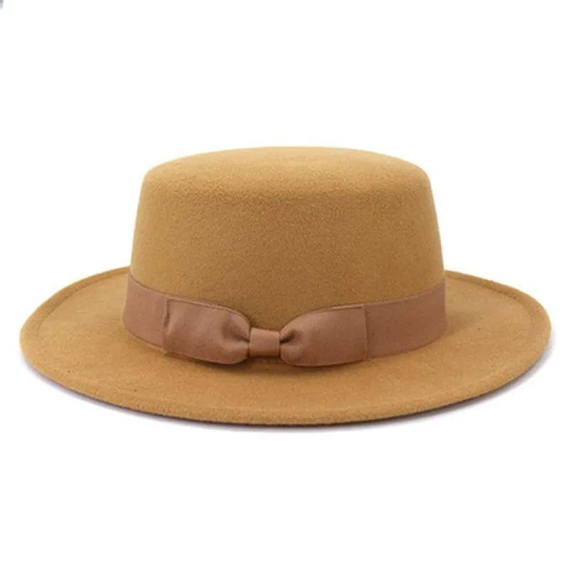 Stingy Brim Hats Women White Beige Black Panama Flat Top Felted Ribbon Band Bowknot Outdoor Men Caps Casual Formal Wedding
