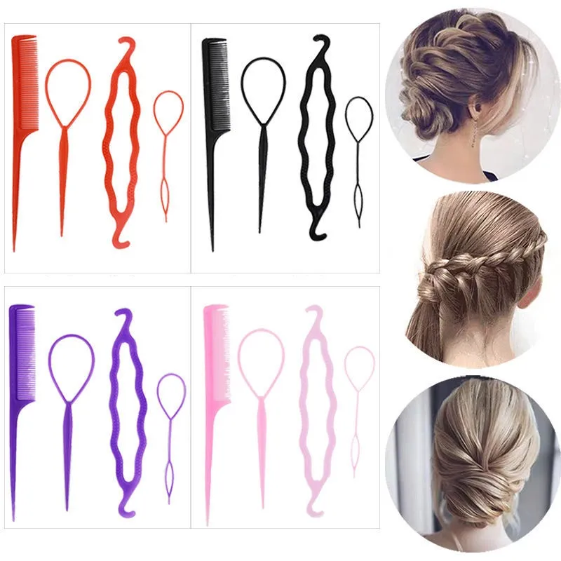 Magic Hair Braid Ponytail Creator Doppi ganci Strumenti per lo styling ad anello in plastica Clip per coda di cavallo Clip per capelli Twist Styling con pettini 4 pezzi / set