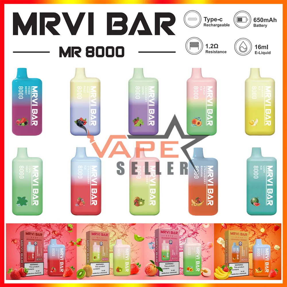 Fábrica original MRVI BAR 8000 Puffs Vape Pen descartável e cigarro com bateria recarregável de 650mAh 16ml Pod pré-preenchido Elfbar Elfworld