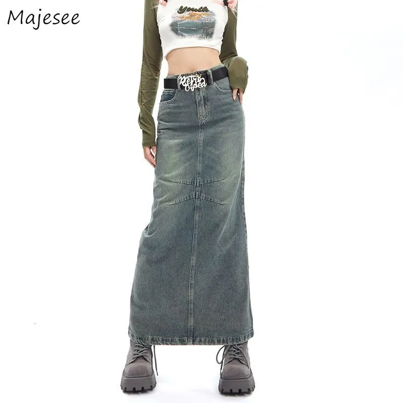 Skirts Maxi Denim Skirts Women Autumn American Retro Streetwear Y2k College Young Girls Chic Long Faldas Sexy Mujer Straight Hipster 230329