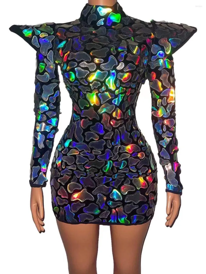 Stage Wear Cool Nightclub Women Models Performance Costume Silver Laser Faux Mirrors Sequins Dress Evening Dresses